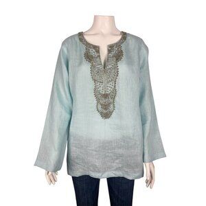 Bella Tu by Gopi Vaid Womens Long Sleeve Linen Shirt 6 Beaded Blue Tunic Top